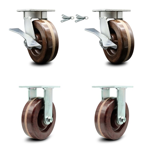 6 Inch Kingpinless High Temp Phenolic Wheel Caster Swivel Locks 2 Rigid, 2PK